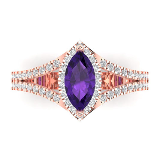 1.2 cttw Natural Amethyst Hidden Halo Engagement Ring - Solid Rose Gold (VVS1, Marquise Cut,9x4.5mm)
