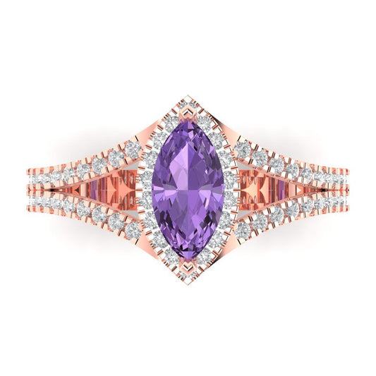1.2 cttw Simulated Alexandrite Hidden Halo Engagement Ring - Solid Rose Gold (VVS1, Marquise Cut,9x4.5mm)
