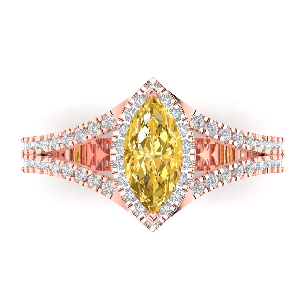 1.2 cttw Zirconia Simulated Yellow Diamond Hidden Halo Engagement Ring - Solid Gold (VVS1, Marquise Cut,9x4.5mm)