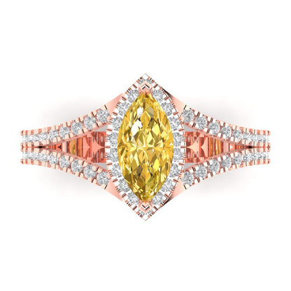 1.2 cttw Zirconia Simulated Yellow Diamond Hidden Halo Engagement Ring - Solid Gold (VVS1, Marquise Cut,9x4.5mm)