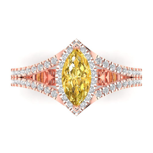 1.2 cttw Zirconia Simulated Yellow Diamond Hidden Halo Engagement Ring - Solid Rose Gold (VVS1, Marquise Cut,9x4.5mm)