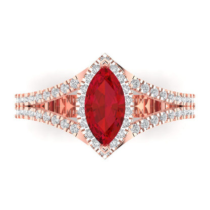 1.2 cttw Simulated Ruby Hidden Halo Engagement Ring - Solid Gold (Marquise Cut,9x4.5mm)