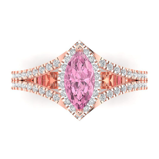 1.2 cttw Zirconia Simulated Pink Diamond Hidden Halo Engagement Ring - Solid Rose Gold (VVS1, Marquise Cut,9x4.5mm)
