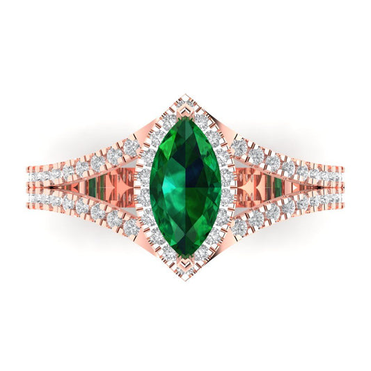 1.2 cttw Simulated Emerald Hidden Halo Engagement Ring - Solid Rose Gold (VVS1, Marquise Cut,9x4.5mm)