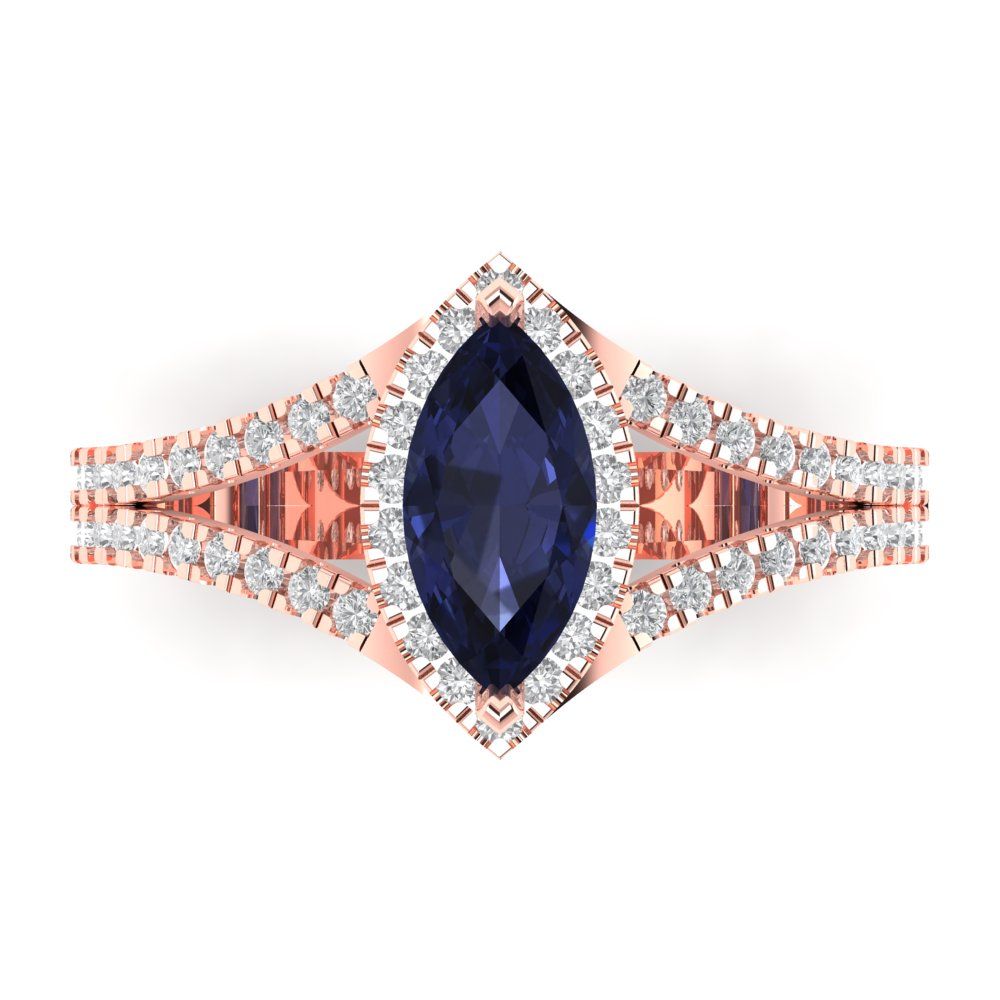1.2 cttw Simulated Blue Sapphire Hidden Halo Engagement Ring - Solid Gold (Marquise Cut,9x4.5mm)