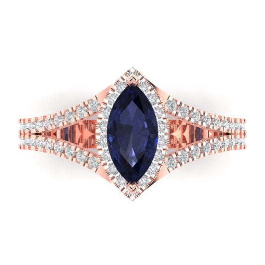 1.2 cttw Simulated Blue Sapphire Hidden Halo Engagement Ring - Solid Rose Gold (VVS1, Marquise Cut,9x4.5mm)