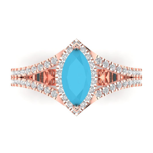 1.2 cttw Simulated Turquoise Hidden Halo Engagement Ring - Solid Rose Gold (VVS1, Marquise Cut,9x4.5mm)