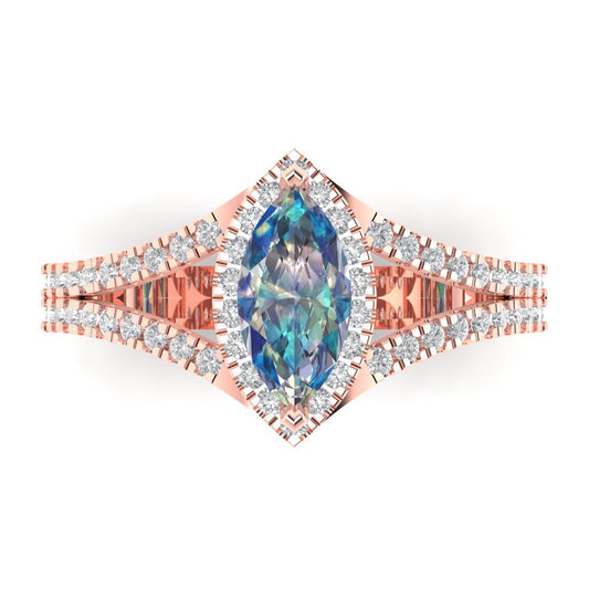 1.2 cttw Blue Moissanite Hidden Halo Engagement Ring - Solid Rose Gold (VVS1, Marquise Cut,9x4.5mm)