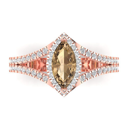 1.2 cttw Zirconia Simulated Champagne Diamond Hidden Halo Engagement Ring - Solid Gold (VVS1, Marquise Cut,9x4.5mm)