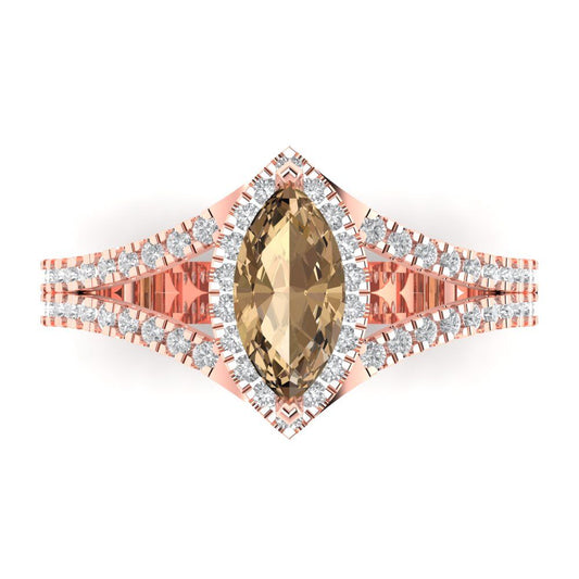1.2 cttw Zirconia Simulated Champagne Diamond Hidden Halo Engagement Ring - Solid Rose Gold (VVS1, Marquise Cut,9x4.5mm)