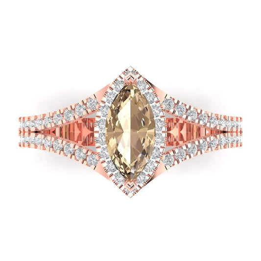 1.2 cttw Yellow Moissanite Hidden Halo Engagement Ring - Solid Rose Gold (VVS1, Marquise Cut,9x4.5mm)