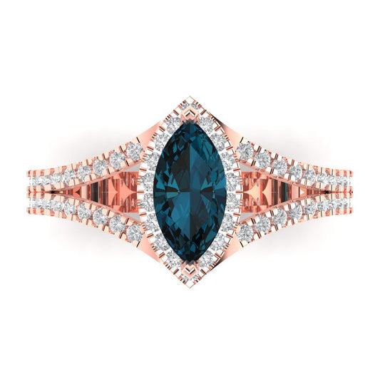 1.2 cttw Natural London Blue Topaz Hidden Halo Engagement Ring - Solid Rose Gold (VVS1, Marquise Cut,9x4.5mm)