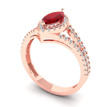 1.2 cttw Simulated Ruby Hidden Halo Engagement Ring - Solid Gold (Marquise Cut,9x4.5mm)