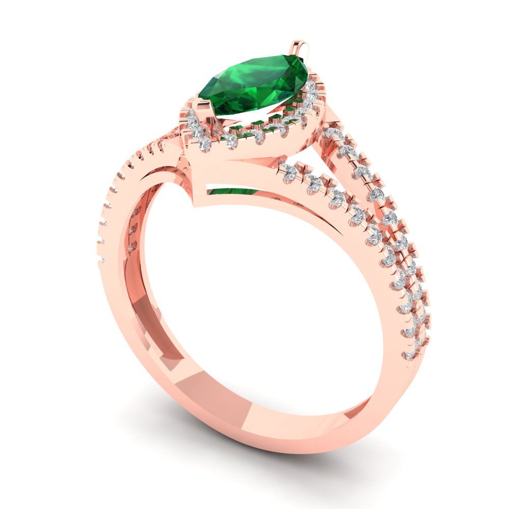 1.2 cttw Simulated Emerald Hidden Halo Engagement Ring - Solid Gold (Marquise Cut,9x4.5mm)