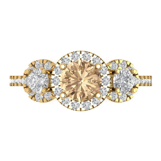 1.46 cttw Yellow Moissanite Three-Stone Engagement Ring - Solid Yellow Gold (VVS1, Round Cut,6.0mm)