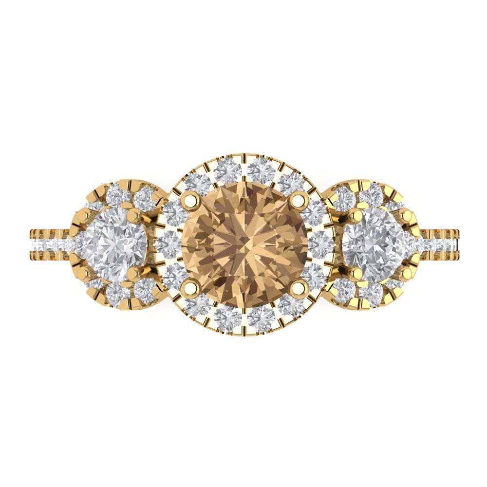 1.46 cttw Zirconia Simulated Champagne Diamond Three-Stone Engagement Ring - Solid Yellow Gold (VVS1, Round Cut,6.0mm)