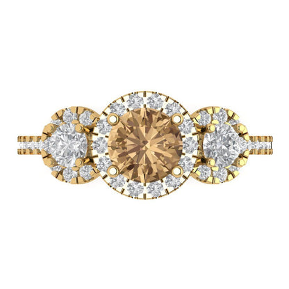 1.46 cttw Zirconia Simulated Champagne Diamond Three-Stone Engagement Ring - Solid Yellow Gold (VVS1, Round Cut,6.0mm)