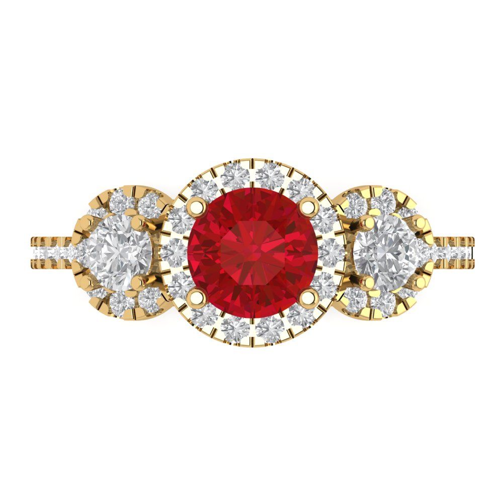 1.46 cttw Simulated Pink Tourmaline Three-Stone Engagement Ring - Solid Yellow Gold (VVS1, Round Cut,6.0mm)