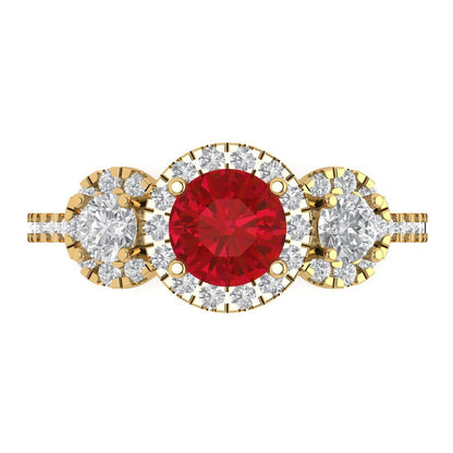1.46 cttw Simulated Pink Tourmaline Three-Stone Engagement Ring - Solid Yellow Gold (VVS1, Round Cut,6.0mm)