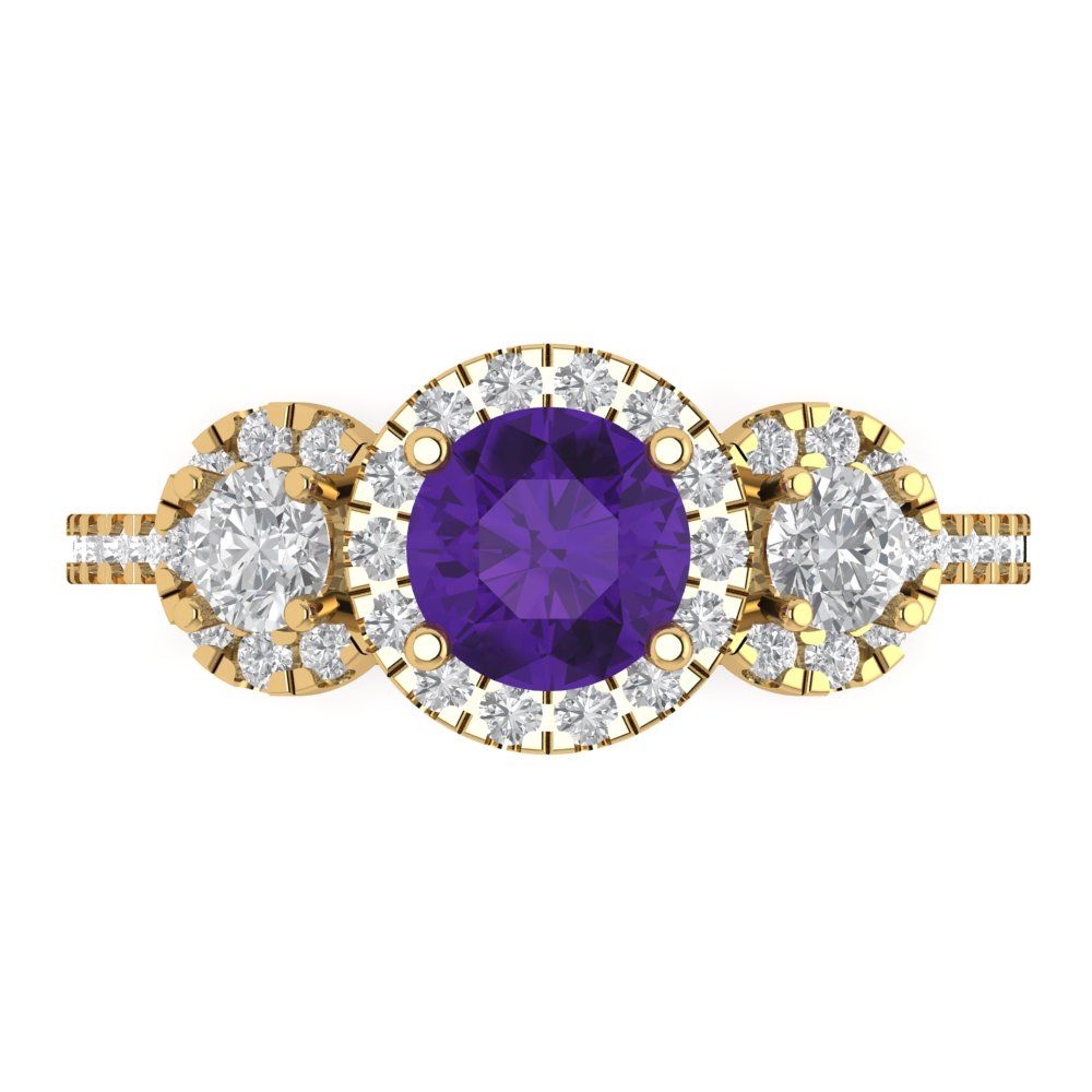 1.46 cttw Natural Amethyst Three-Stone Engagement Ring - Solid Yellow Gold (VVS1, Round Cut,6.0mm)