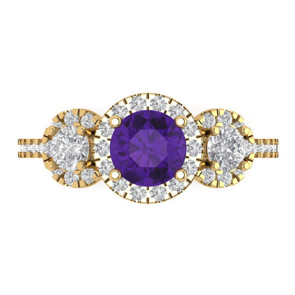 1.46 cttw Natural Amethyst Three-Stone Engagement Ring - Solid Yellow Gold (VVS1, Round Cut,6.0mm)