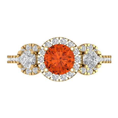 1.46 cttw Zirconia Simulated Red Diamond Three-Stone Engagement Ring - Solid Yellow Gold (VVS1, Round Cut,6.0mm)