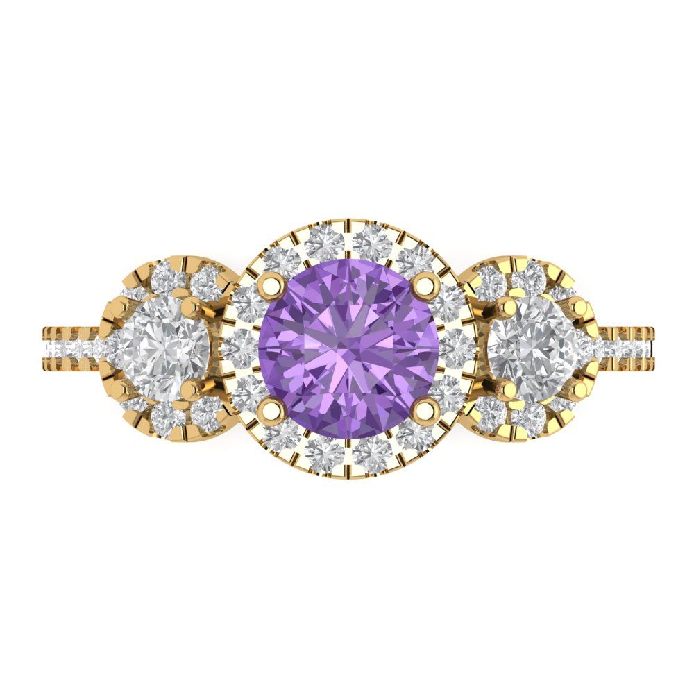 1.46 cttw Simulated Alexandrite Three-Stone Engagement Ring - Solid Yellow Gold (VVS1, Round Cut,6.0mm)