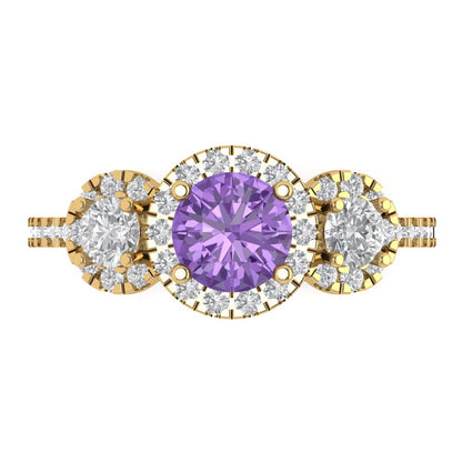 1.46 cttw Simulated Alexandrite Three-Stone Engagement Ring - Solid Yellow Gold (VVS1, Round Cut,6.0mm)
