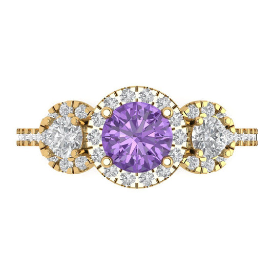 1.46 cttw Simulated Alexandrite Three-Stone Engagement Ring - Solid Yellow Gold (VVS1, Round Cut,6.0mm)
