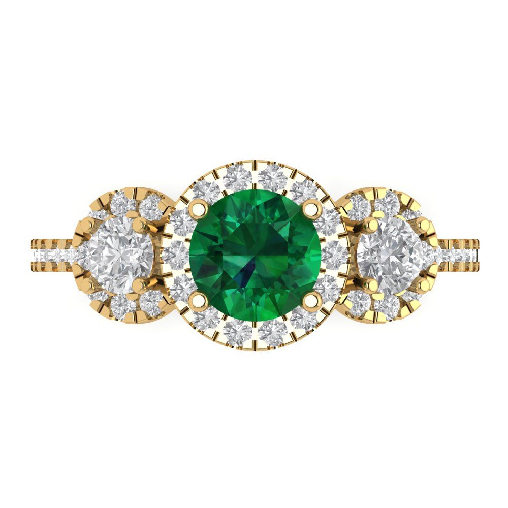 1.46 cttw Simulated Emerald Three-Stone Engagement Ring - Solid Yellow Gold (VVS1, Round Cut,6.0mm)