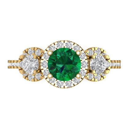 1.46 cttw Simulated Emerald Three-Stone Engagement Ring - Solid Yellow Gold (VVS1, Round Cut,6.0mm)