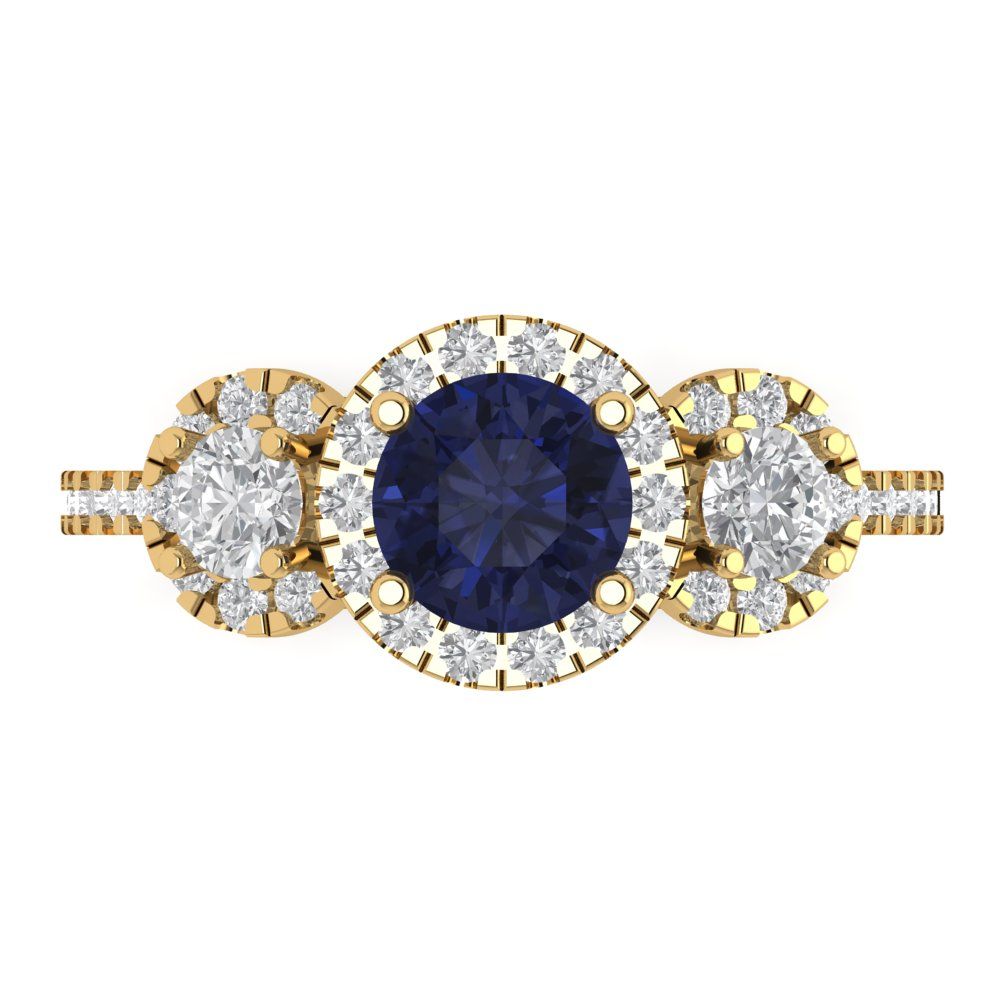 1.46 cttw Simulated Blue Sapphire Three-Stone Engagement Ring - Solid Yellow Gold (VVS1, Round Cut,6.0mm)