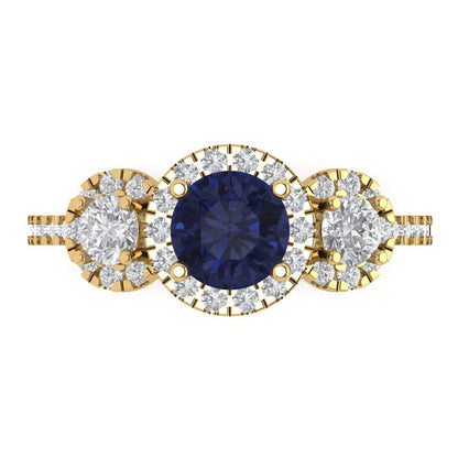 1.46 cttw Simulated Blue Sapphire Three-Stone Engagement Ring - Solid Yellow Gold (VVS1, Round Cut,6.0mm)