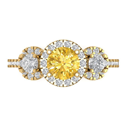 1.46 cttw Zirconia Simulated Yellow Diamond Three-Stone Engagement Ring - Solid Yellow Gold (VVS1, Round Cut,6.0mm)