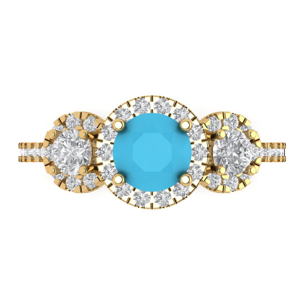 1.46 cttw Simulated Turquoise Three-Stone Engagement Ring - Solid Yellow Gold (VVS1, Round Cut,6.0mm)
