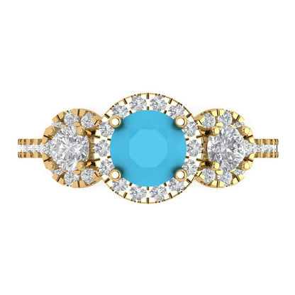 1.46 cttw Simulated Turquoise Three-Stone Engagement Ring - Solid Yellow Gold (VVS1, Round Cut,6.0mm)