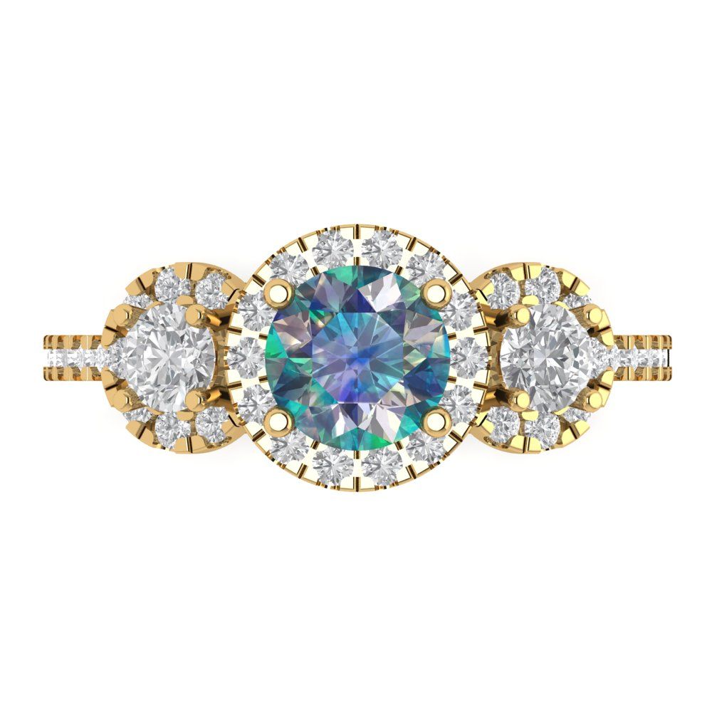 1.46 cttw Blue Moissanite Three-Stone Engagement Ring - Solid Yellow Gold (VVS1, Round Cut,6.0mm)