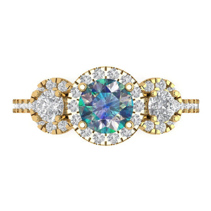 1.46 cttw Blue Moissanite Three-Stone Engagement Ring - Solid Yellow Gold (VVS1, Round Cut,6.0mm)