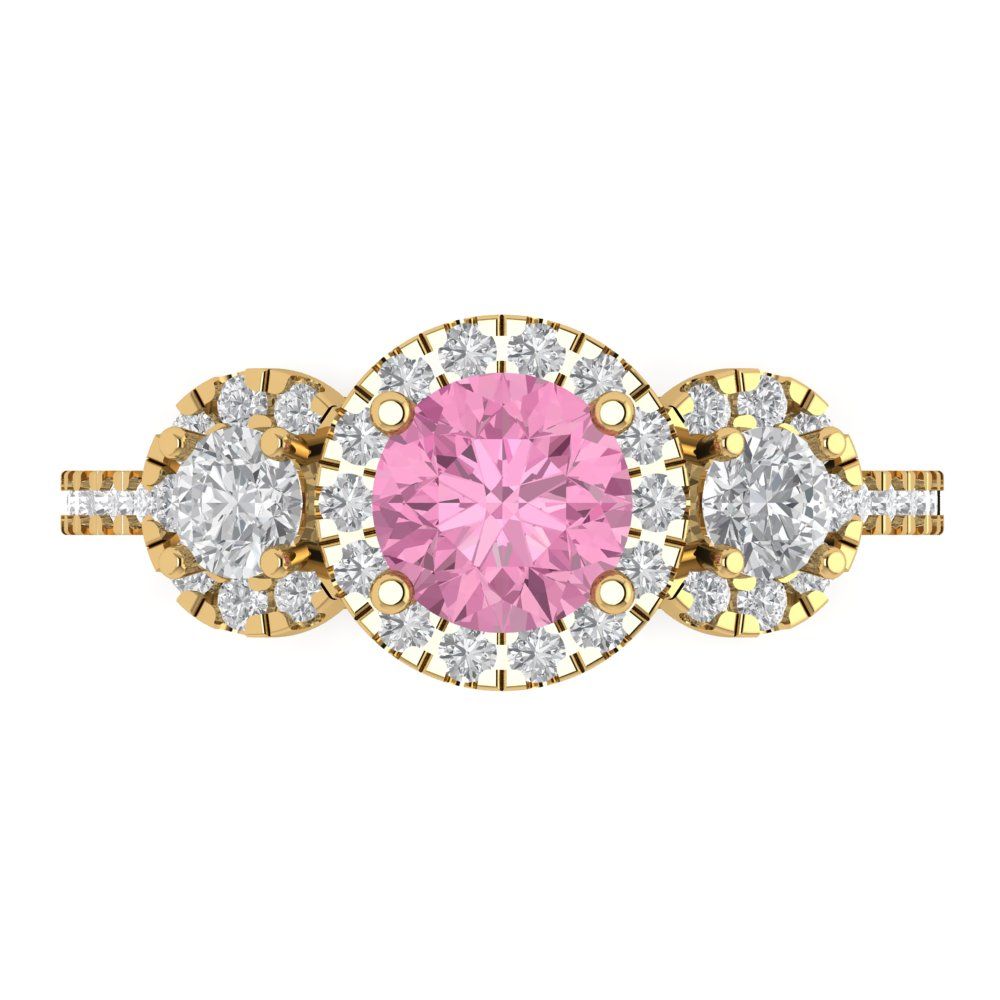 1.46 cttw Zirconia Simulated Pink Diamond Three-Stone Engagement Ring - Solid Yellow Gold (VVS1, Round Cut,6.0mm)