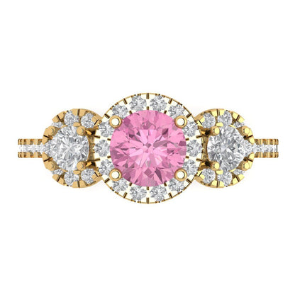 1.46 cttw Zirconia Simulated Pink Diamond Three-Stone Engagement Ring - Solid Yellow Gold (VVS1, Round Cut,6.0mm)