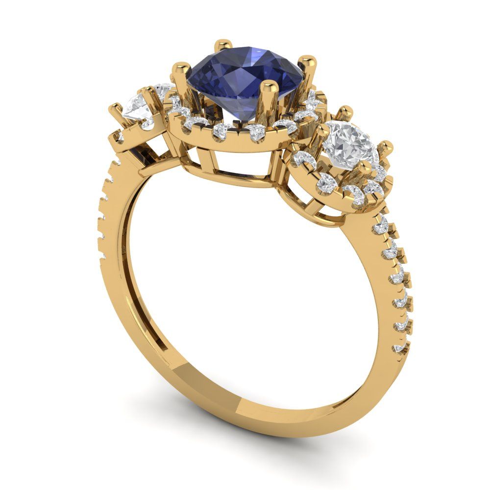 1.46 cttw Simulated Blue Sapphire Three-Stone Engagement Ring - Solid Yellow Gold (VVS1, Round Cut,6.0mm)