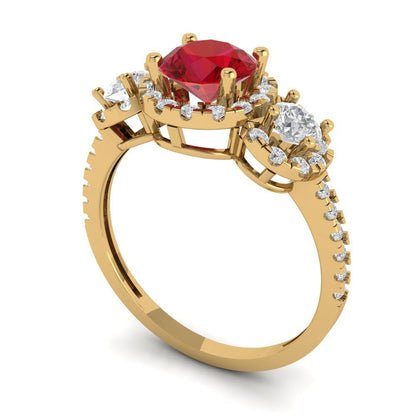 1.46 cttw Simulated Pink Tourmaline Three-Stone Engagement Ring - Solid Yellow Gold (VVS1, Round Cut,6.0mm)