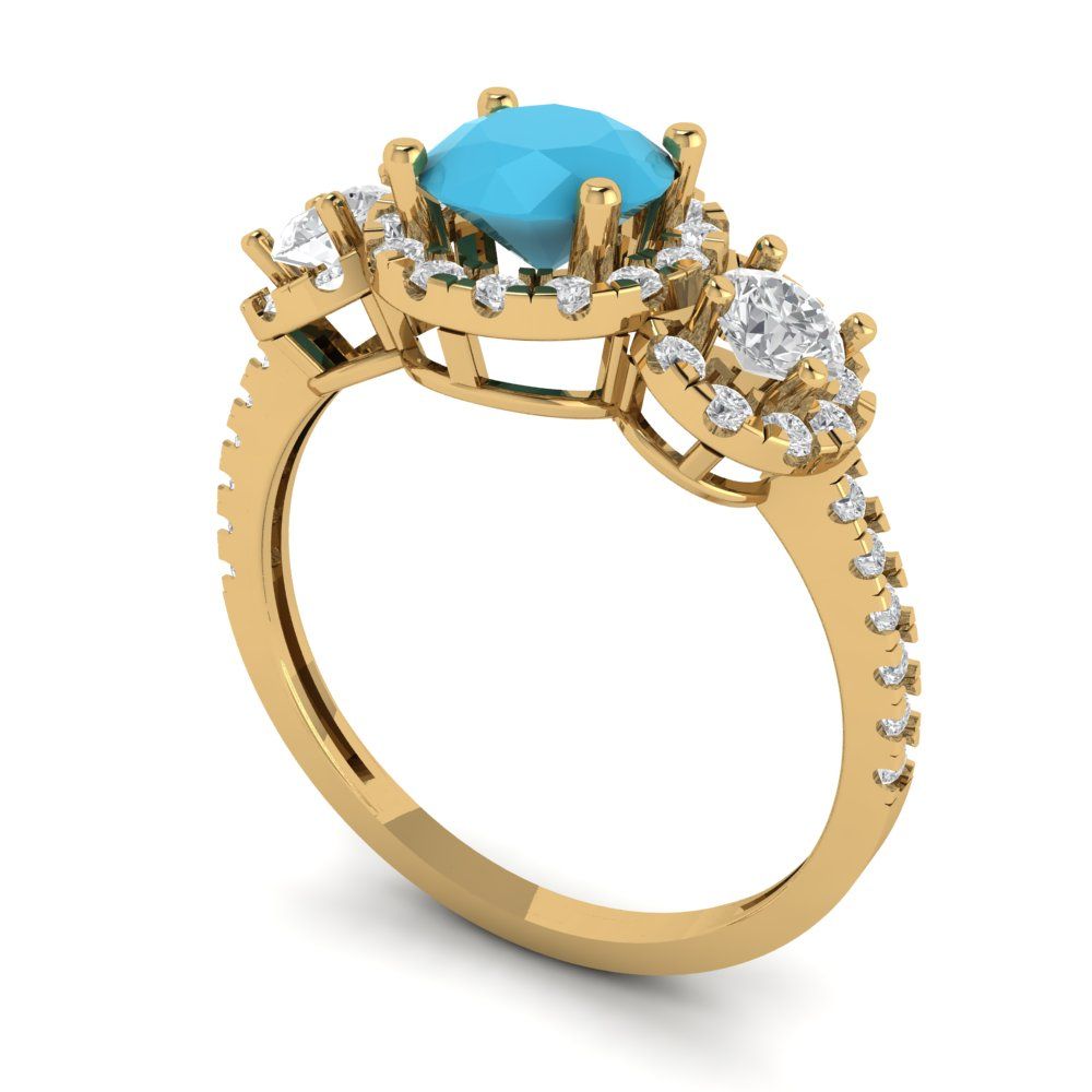 1.46 cttw Simulated Turquoise Three-Stone Engagement Ring - Solid Yellow Gold (VVS1, Round Cut,6.0mm)