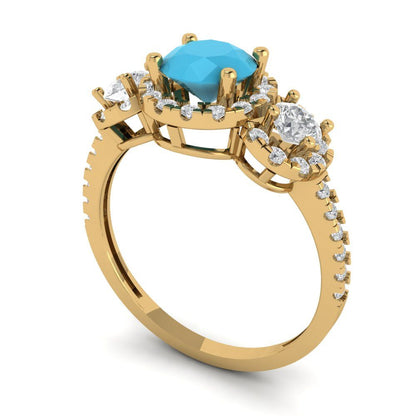 1.46 cttw Simulated Turquoise Three-Stone Engagement Ring - Solid Yellow Gold (VVS1, Round Cut,6.0mm)