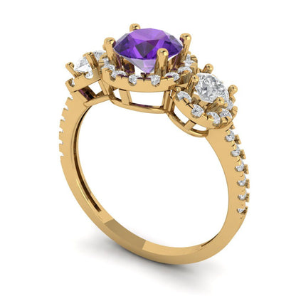 1.46 cttw Natural Amethyst Three-Stone Engagement Ring - Solid Yellow Gold (VVS1, Round Cut,6.0mm)