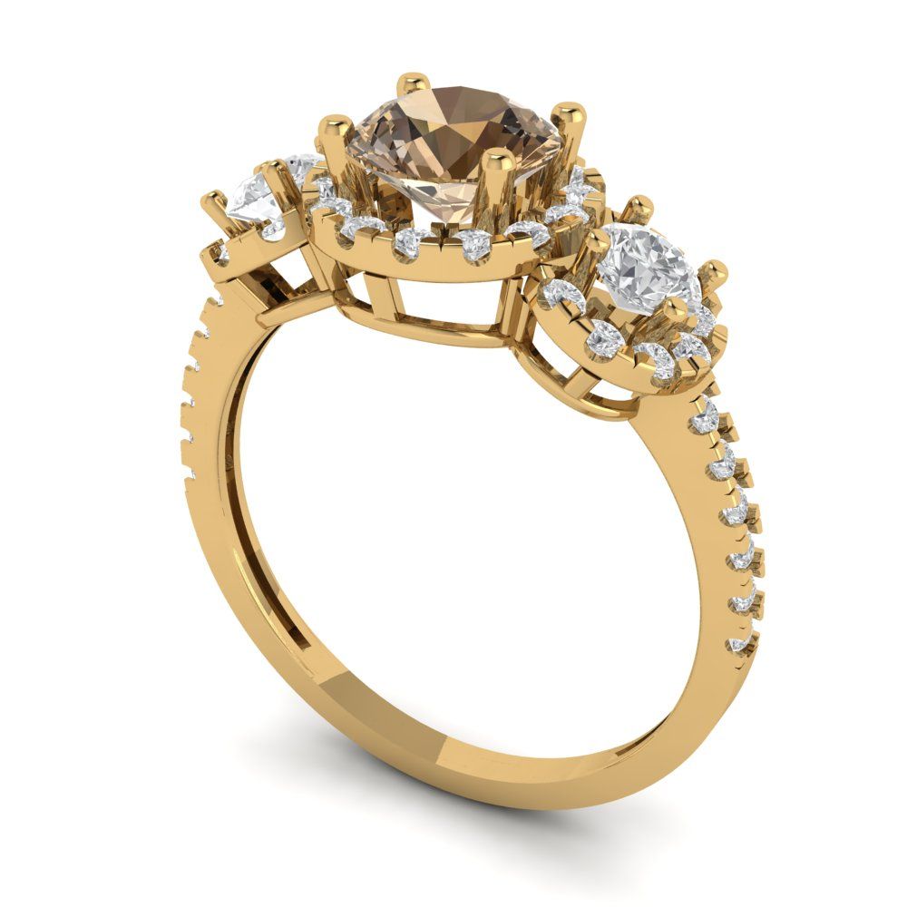 1.46 cttw Zirconia Simulated Champagne Diamond Three-Stone Engagement Ring - Solid Yellow Gold (VVS1, Round Cut,6.0mm)