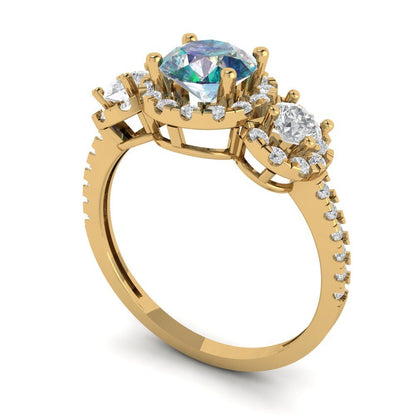 1.46 cttw Blue Moissanite Three-Stone Engagement Ring - Solid Yellow Gold (VVS1, Round Cut,6.0mm)