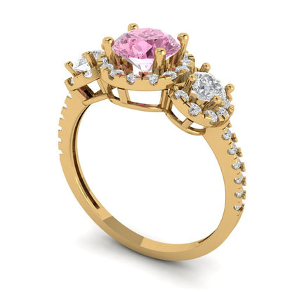 1.46 cttw Zirconia Simulated Pink Diamond Three-Stone Engagement Ring - Solid Yellow Gold (VVS1, Round Cut,6.0mm)