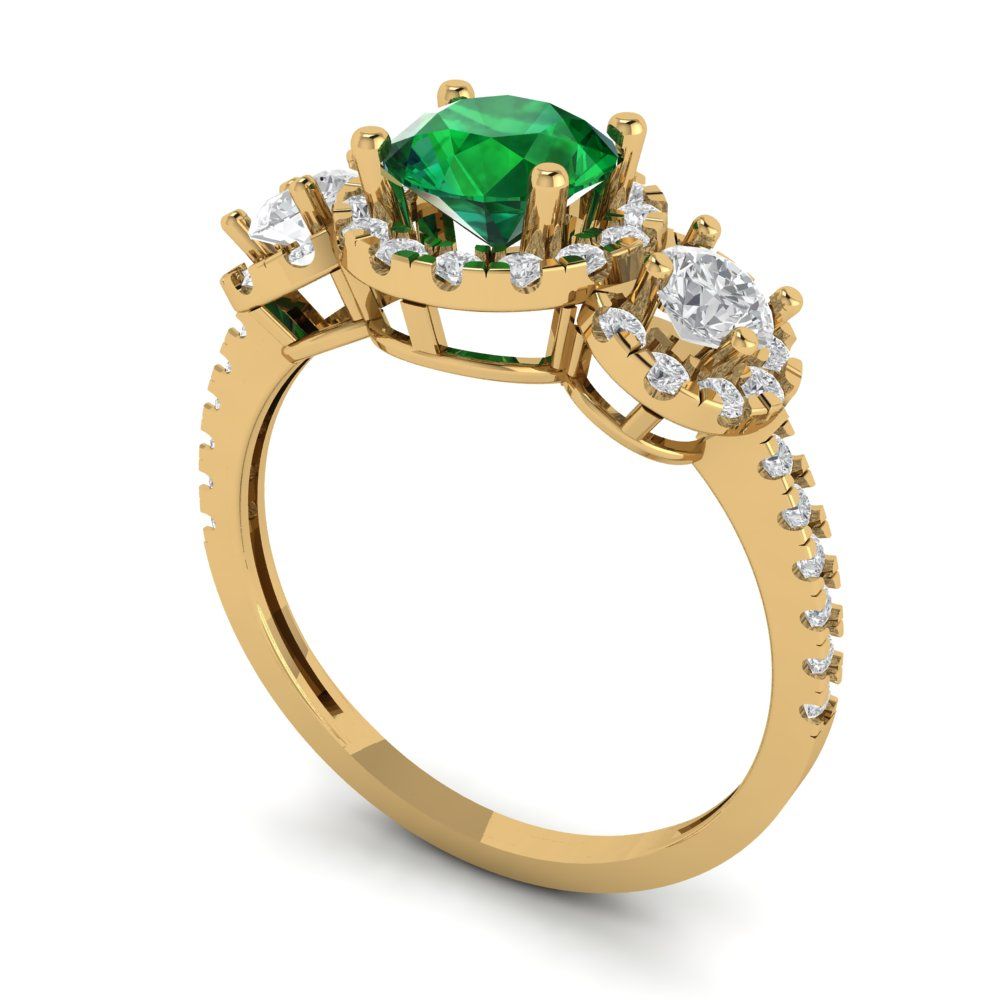 1.46 cttw Simulated Emerald Three-Stone Engagement Ring - Solid Yellow Gold (VVS1, Round Cut,6.0mm)