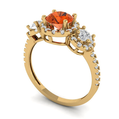 1.46 cttw Zirconia Simulated Red Diamond Three-Stone Engagement Ring - Solid Yellow Gold (VVS1, Round Cut,6.0mm)